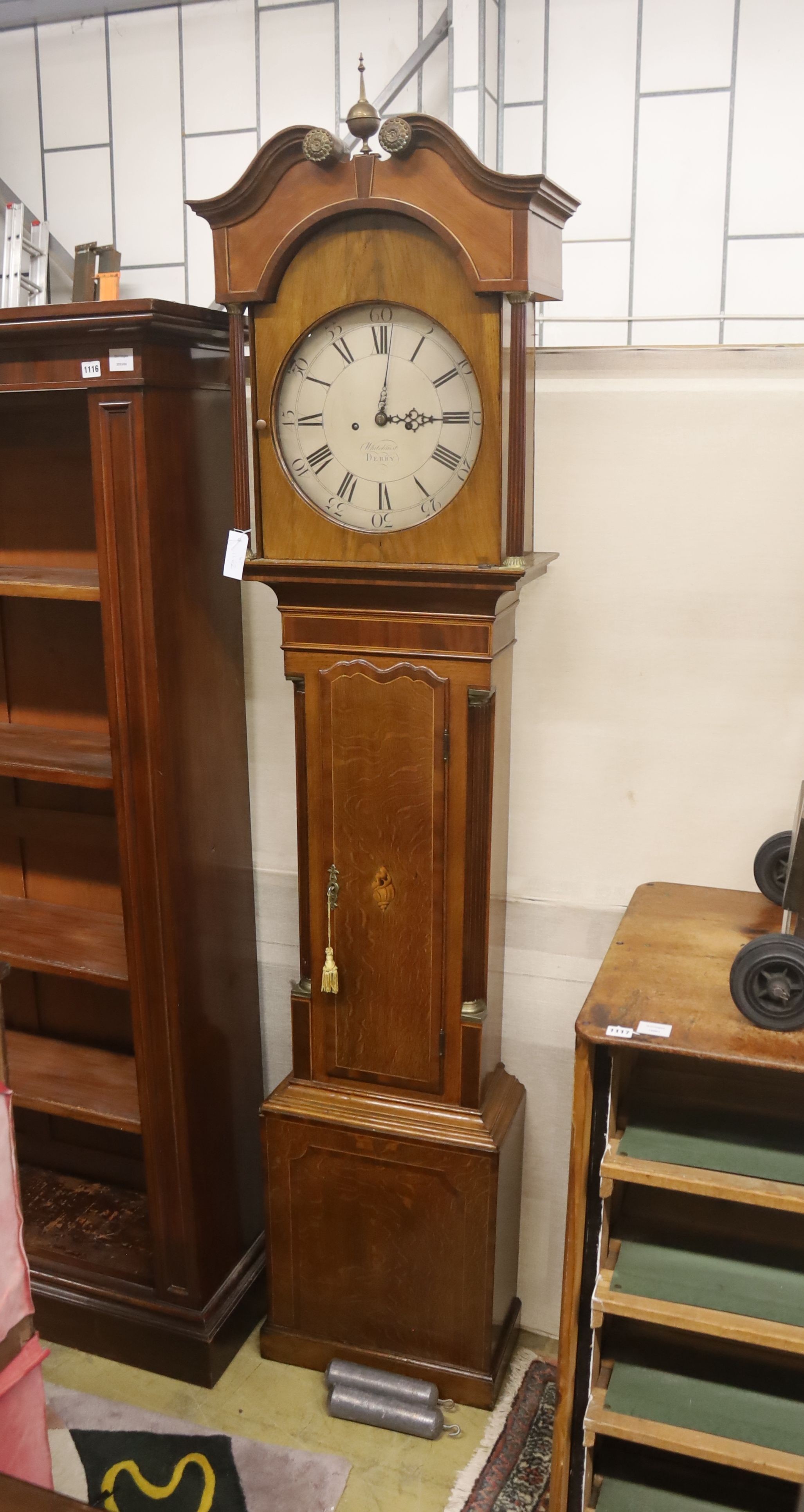 A George III oak and mahogany cased 8 day long case clock, Marked “Whitehurst, Derby”. H-220cm